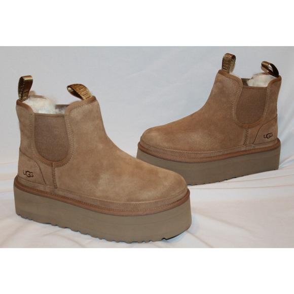 NIB UGG Women's‎ Neumel Platform Chelsea Suede Platform Mini Boots Chestnut - Picture 1 of 9